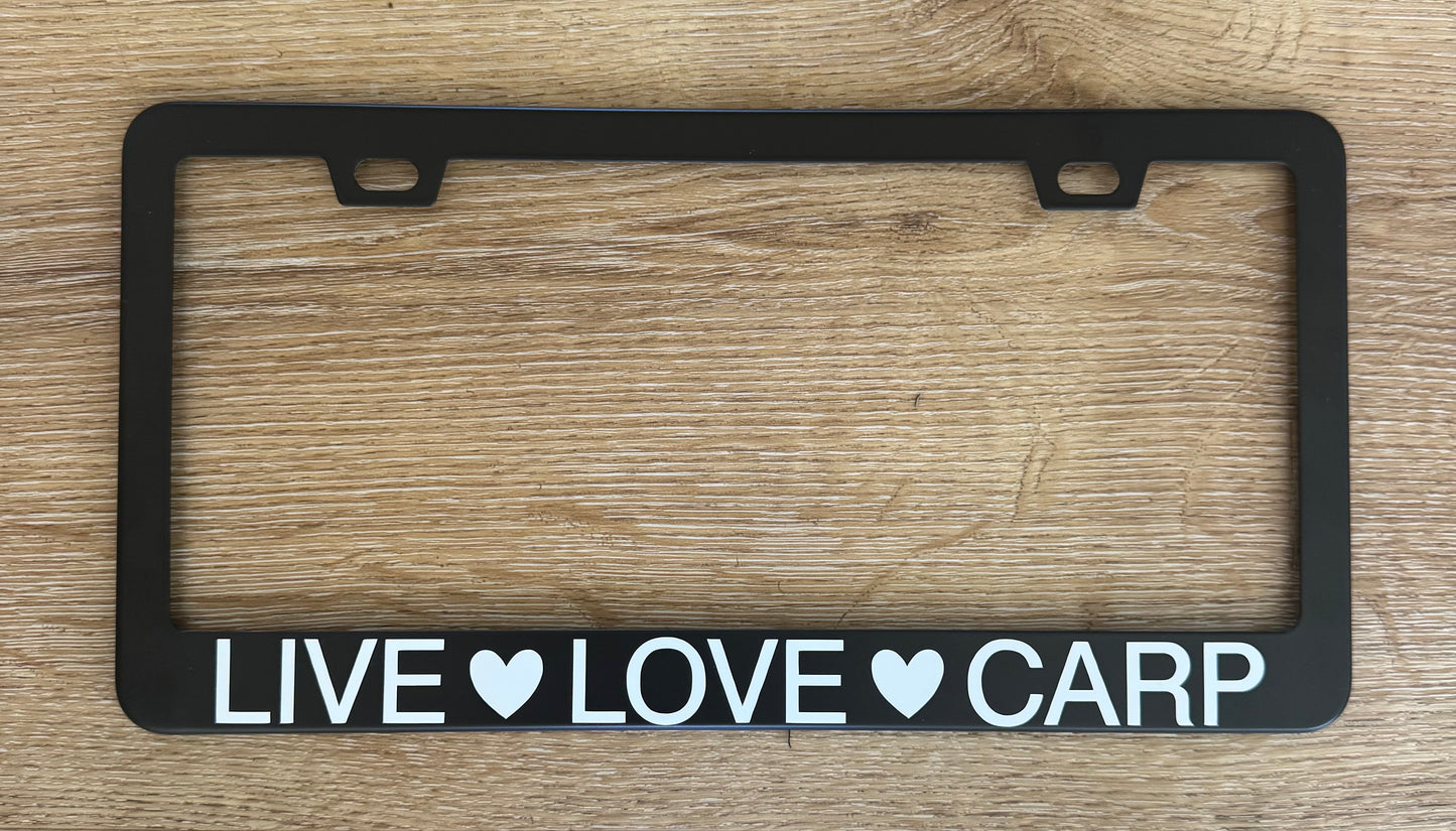 LIVE LOVE CARP Heart License Plate Frame (Black/White)
