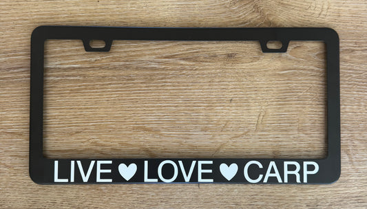 LIVE LOVE CARP Heart License Plate Frame (Black/White)